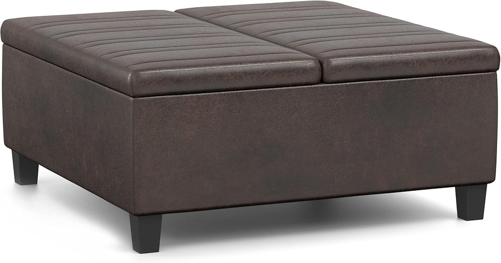 Ellis 36" Wide Vegan Leather Storage Ottoman in Stone Grey | Contemporary tufted ottoman with lift-up lid storage ;