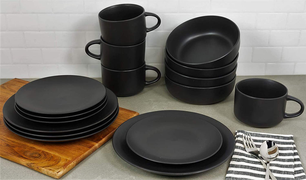 Wazee Matte 16 Pc Coupe Dinnerware Set, Matte Black