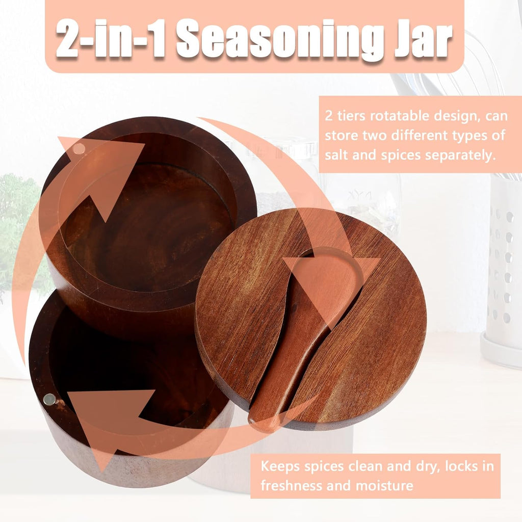 2 Layers Acacia Wood Salt and Pepper Bowl Salt and Pepper Storage Box Salt Container Salt Keeper with Built in Spoon