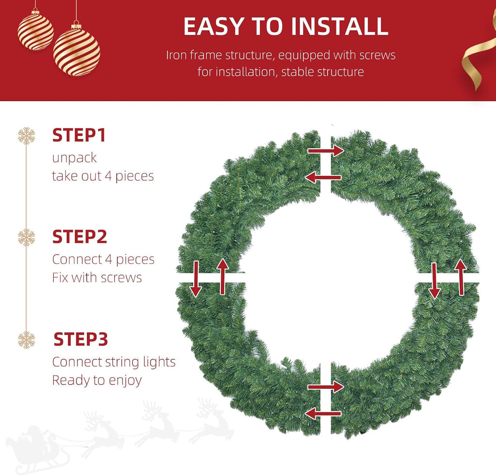 60in Large Christmas Wreath - Lighted Wreaths Holiday Decor, Outdoor Wreath with 300 Colorful LEDs, 930 PVC Tips, 9