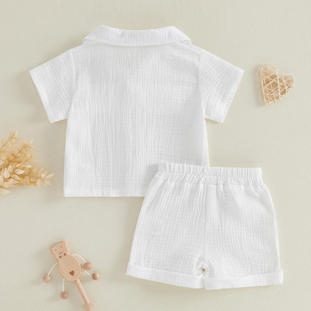 Baby Boys Button Down Shirt Tops + Shorts Infant Toddler Summer Outfit 2Pieces Cotton Gauze Clothes with Pockets