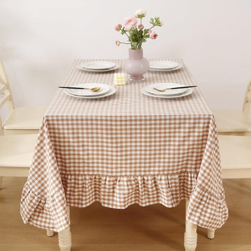 Taupe White Gingham Ruffled Table Cloth Rectangular for Seat 8-10, 100% Washed Cotton Buffet Cottage