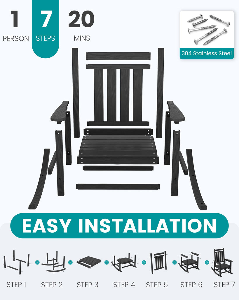Outdoor Rocking Chair Set of 4, HDPE Rocker for Adults, Black