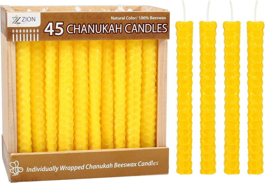 Zion Judaica Twin Pack Natural Beeswax Hanukkah Candles Yellow Bees Wax Chanukah Candles in Wooden Crate - Set of 45