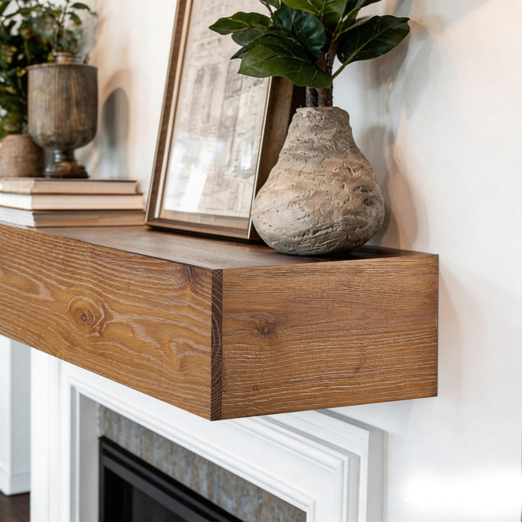 White Oak Fireplace Mantel, 60 Solid Wood Mantel Shelf, Wheat-Yellow