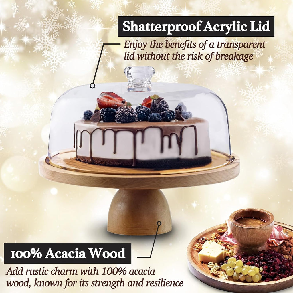 Cake Stand with Acrylic Dome Lid 2-in-1 - Multifunctional Round Shatterproof Dessert Table Display Set with Acacia