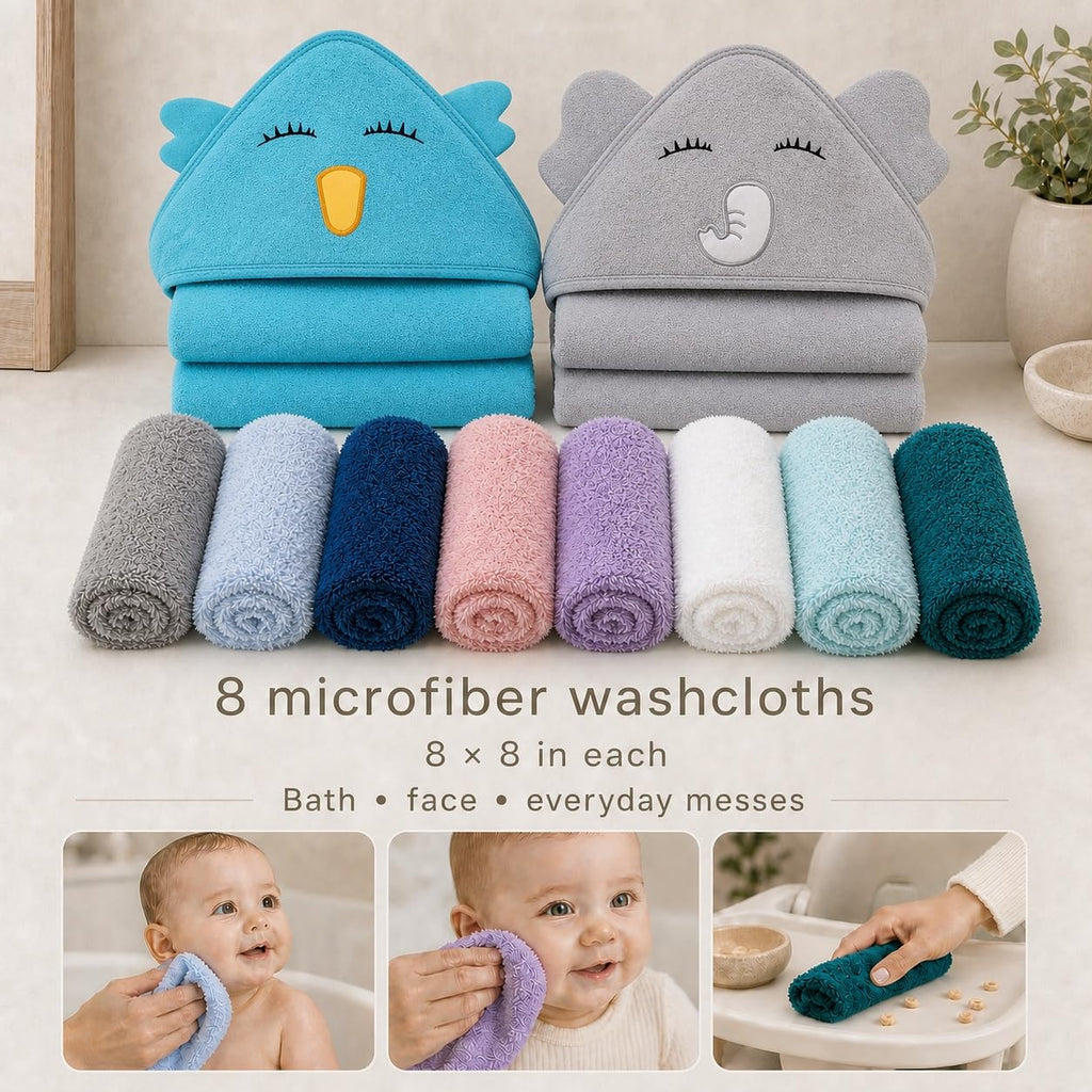 2 Pack Hooded Baby Towel Rayon Made from Bamboo and 8 Washcloths - Lovely Elephant, Happy Bird