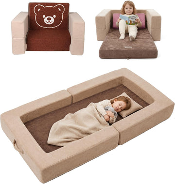 Toddler Travel Sofa Bed with Bear Pattern, 3-in-1 Convertible Toddler Sofa Bed, Portable Soft Foam Kids Couch