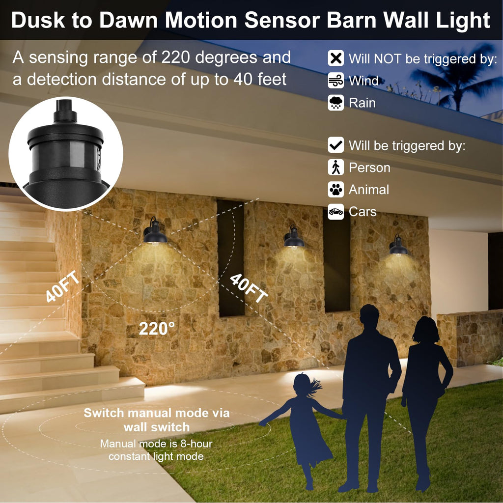 12 Inch Motion Sensor Outdoor Gooseneck Lighting, Dusk to Dawn Black Exterior Barn Wall Mount Lights, 2 Pack