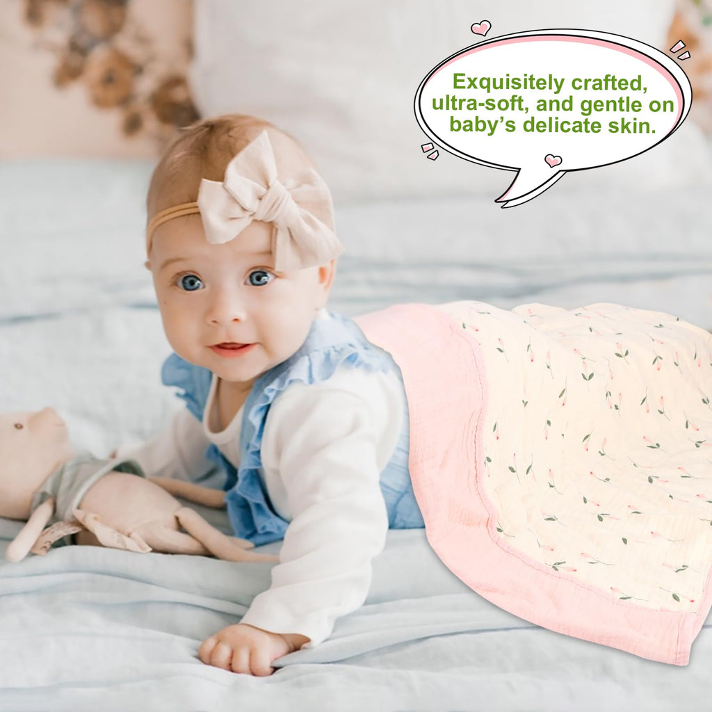 Muslin Baby Blanket Crib Blanket, Double-Sided for Girls, 40x40 Inch - Pink & Floral Print Quilt Blankets, Soft