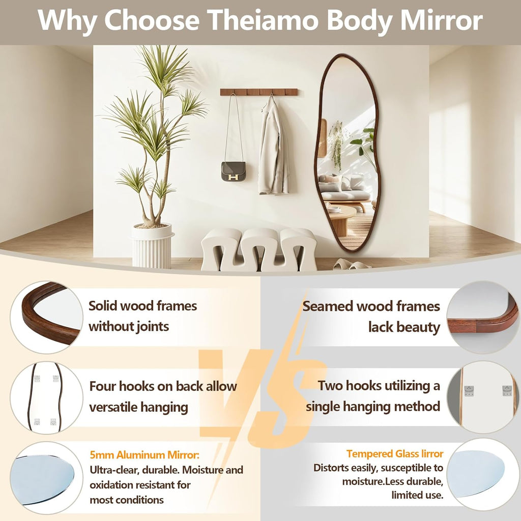 Irregular Full Length Mirror, 65"x22" Wooden Farmhouse Full Body Mirror, Large Asymmetrical Wall Mirrors Entryway
