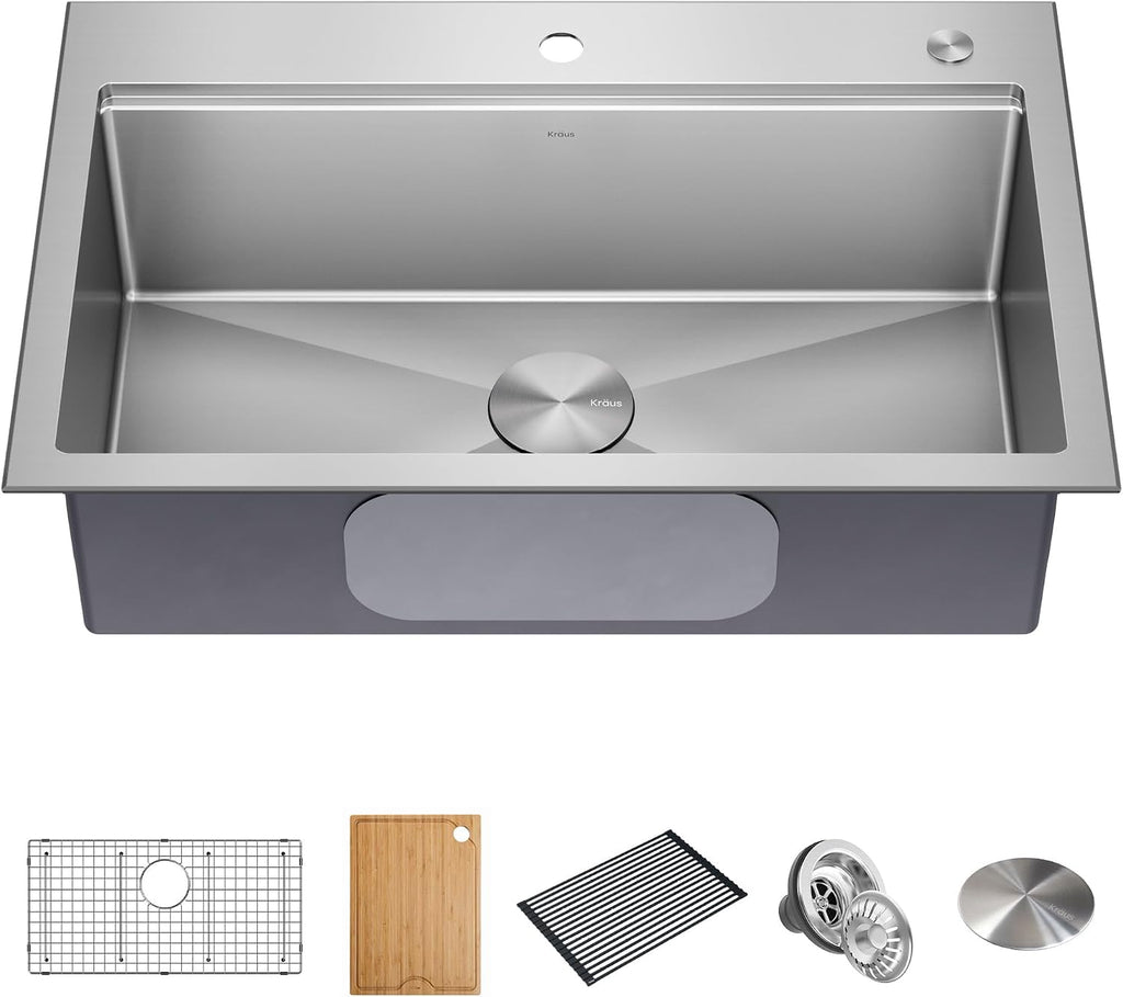 Kore 32-Inch Drop In/Undermount Workstation 18 Gauge Single Bowl Stainless Steel Kitchen Sink with Accessories