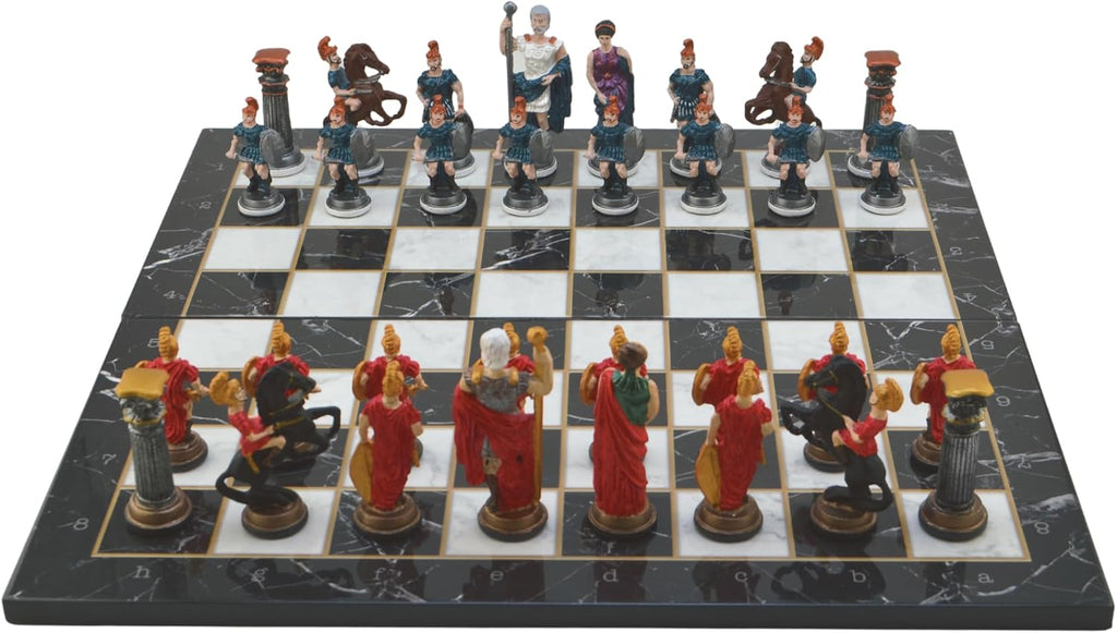 Metal Chess Set,Historical Rome Figures,Handmade Painted Chess Pieces with Marble or Mosaic Design Wooden Chess Board - Set of 32