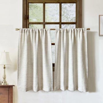 Faux Linen Cafe Curtains for Windows, 36 Inch Length, Natural, Set of 2