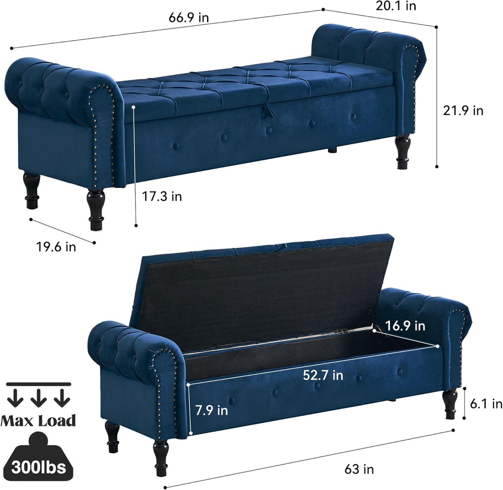 Velvet Storage Bench 67 Inch Upholstered Tufted Ottoman Bench with Arms Large Storage Space King Size End of Bed