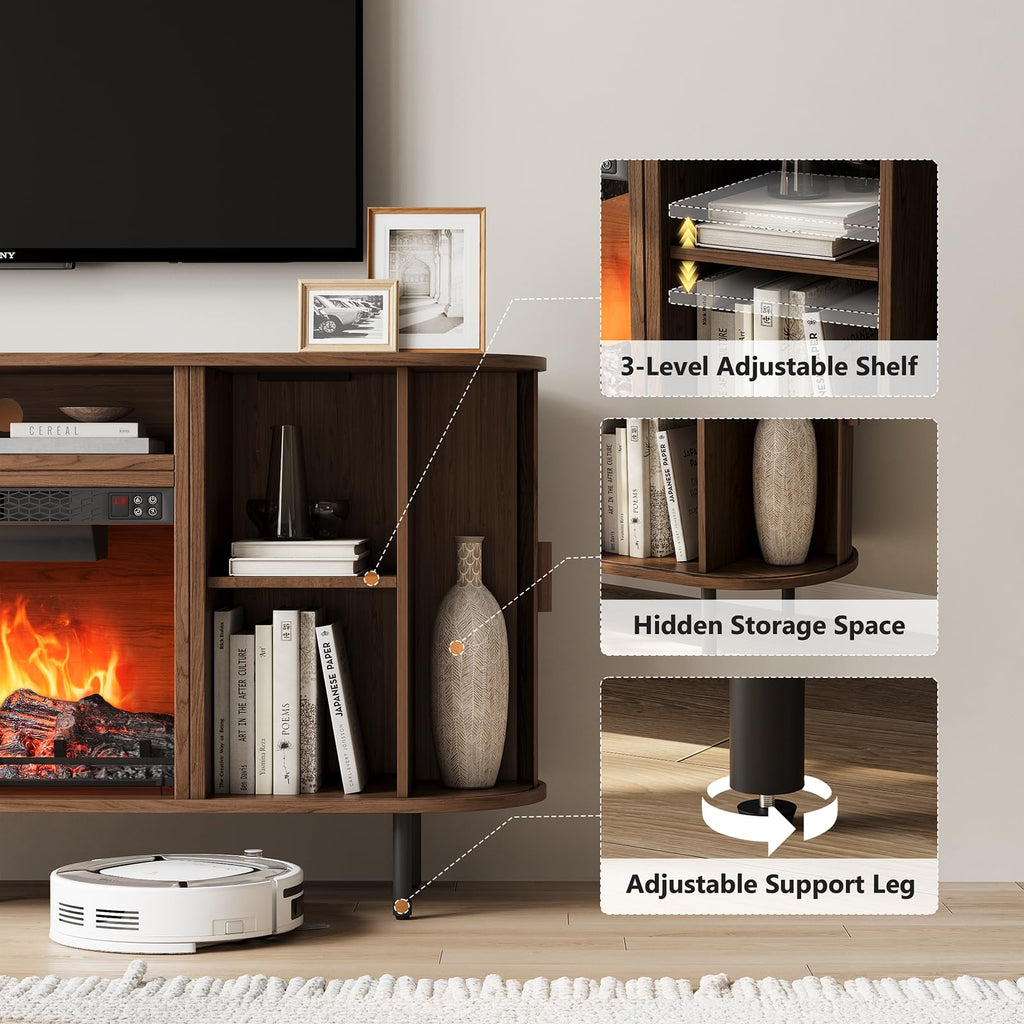 63" Fluted Fireplace TV Stand with 23" Electric Fireplace, Walnut