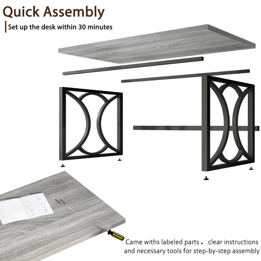 Gray Computer Desk, 55 Inch Metal Wooden Home Office Writing Desk