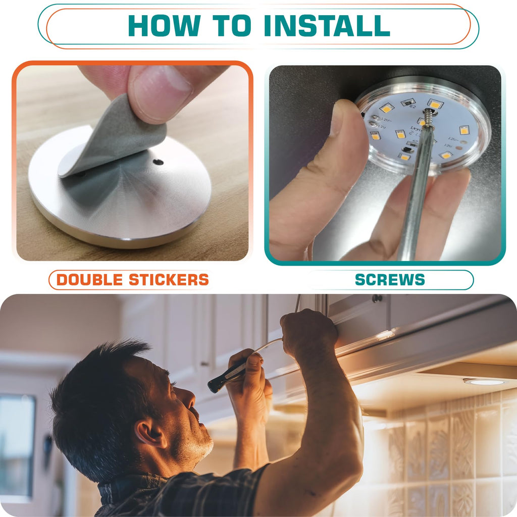 Under Cabinet LED Puck Lights, Counter Closet Lighting, Daisy Chained linkable, 110V Plug-in & Direct Hardwiring