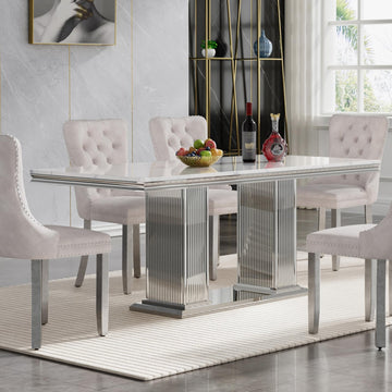 68" Faux Marble White Silver Dining Table for 6, Modern Dining Room Table with 0.71" Marble Printing MDF Top and Dual