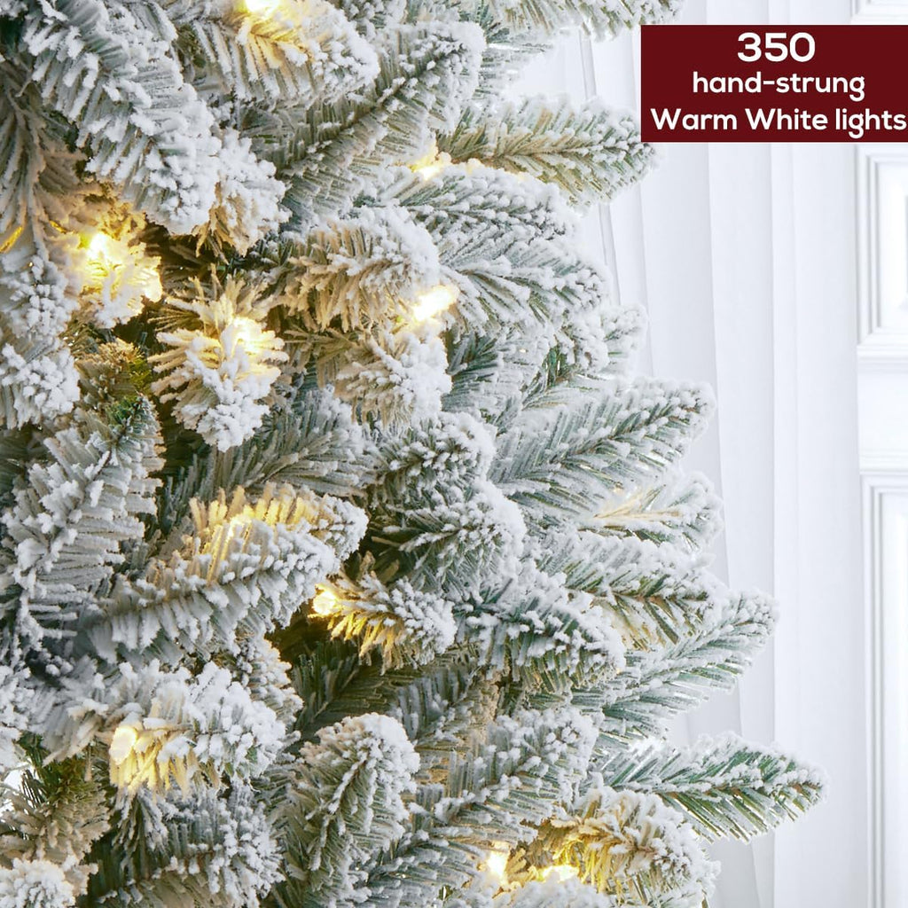 7.5 FT Pre-lit Snow Flocked Christmas Tree, Artificial Spruce Christmas Tree 1100 PVC Branch Tips 350 Warm White