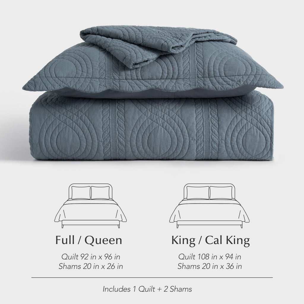100% Cotton Scallop Quilt Set, Stormy Blue