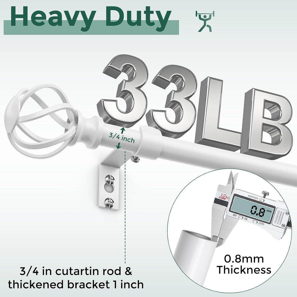 White Curtain Rod 36-72 Inch, Decorative Curtain Rods for Windows with Twisted Cage Finials, 3/4" Adjustable Heavy