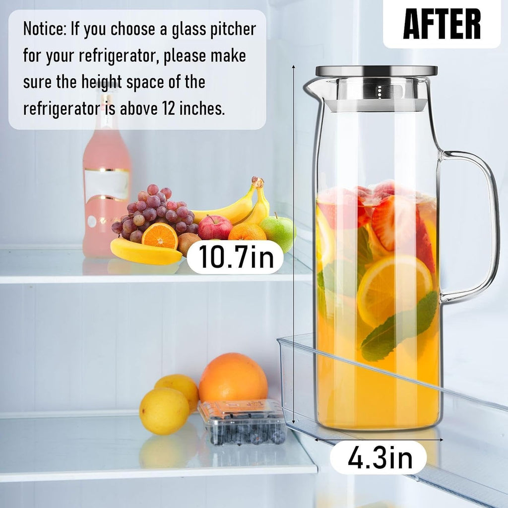 Glass Pitcher with Lid and Spout 50oz/ 1.5L, Hot/Cold Water Pitcher, Iced Tea Pitcher for the Shelf of Fridge, Easy