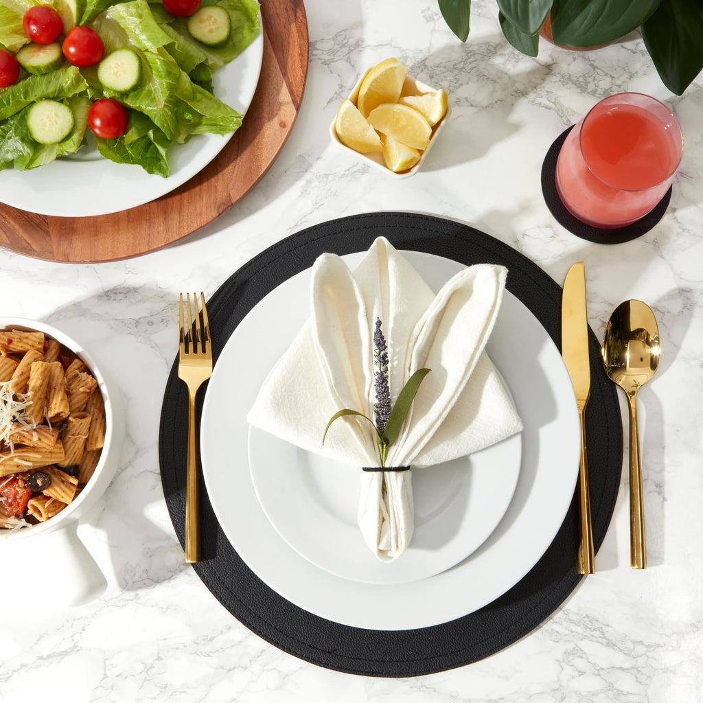 Round Vegan Leather Table Placemats & Coasters - Waterproof & Heat-Resistant Dining Table Decor - Easy Wipe-Clean