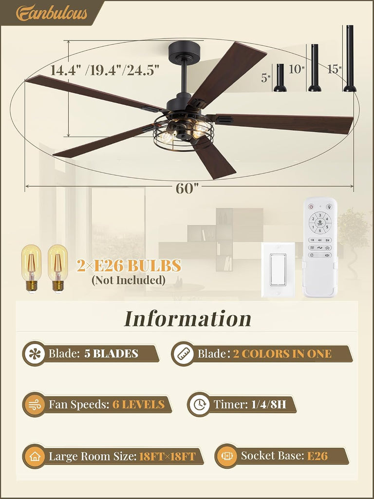 60 Inch Black Caged Ceiling Fan with Lights
