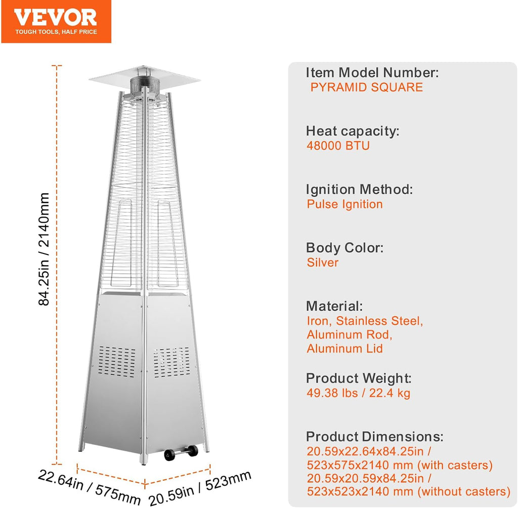 Patio Heater for Outdoor Use, 48000BTU Pyramid Propane Heater w/Wheels, Quartz Glass Tube Outdoor Patio Flame Heater