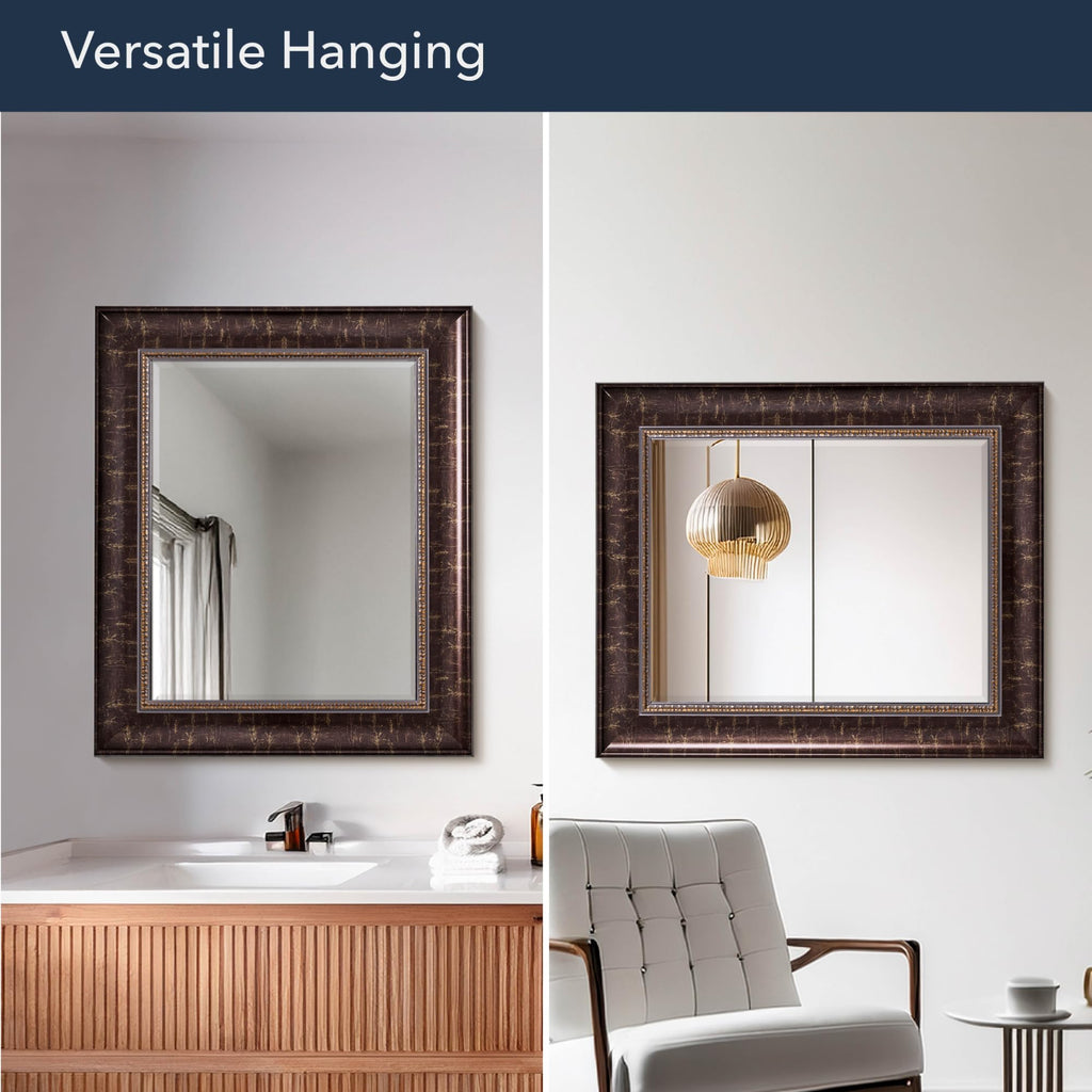 Embossed Bronze Ornate Design and Distressed Frame 30.5" x 36.5" Vanity Mirror, Bronze