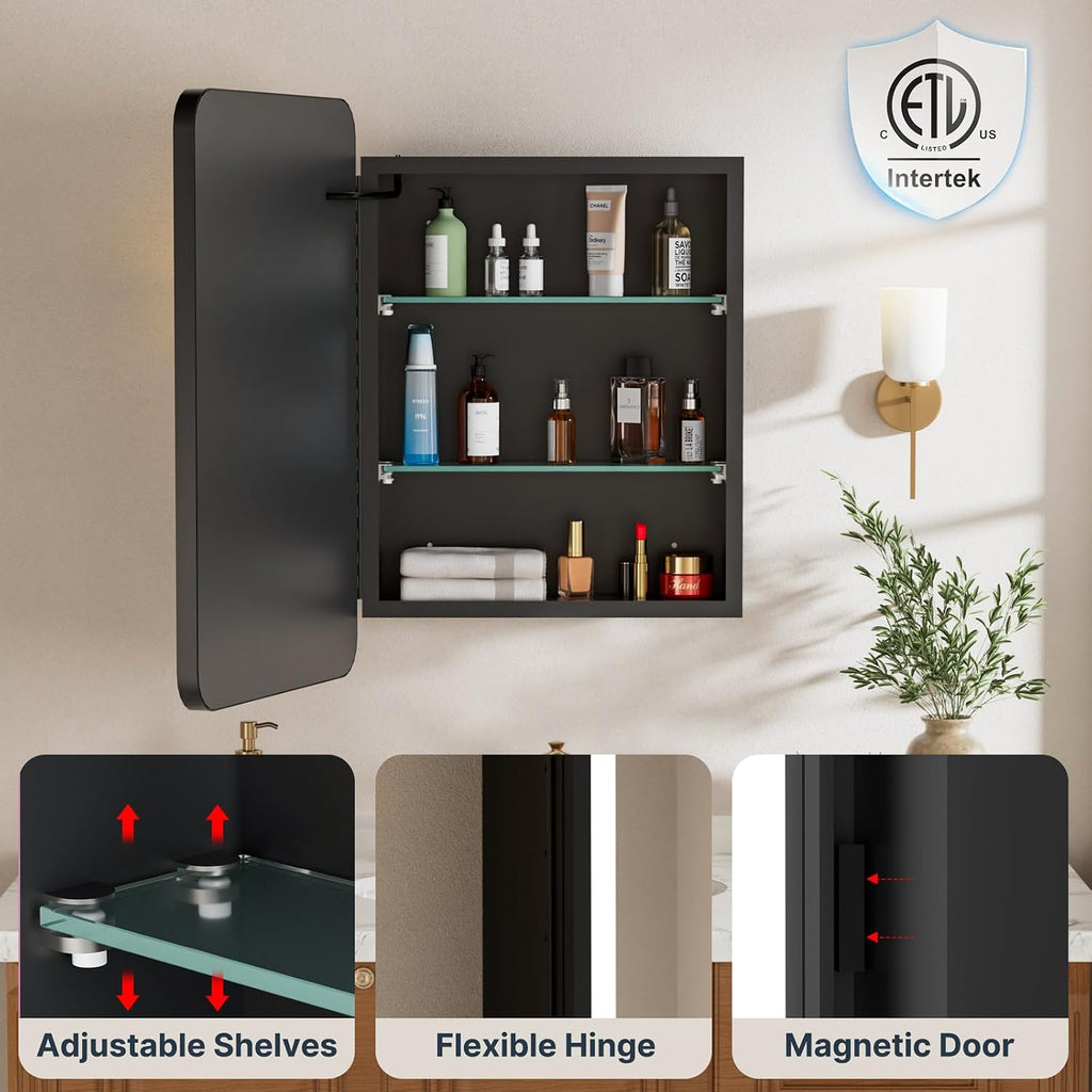 16x24 Inch Medicine Cabinet with Mirror and Lights , Black | Recessed or Surface Mount, Anti-Fog, Memory Function