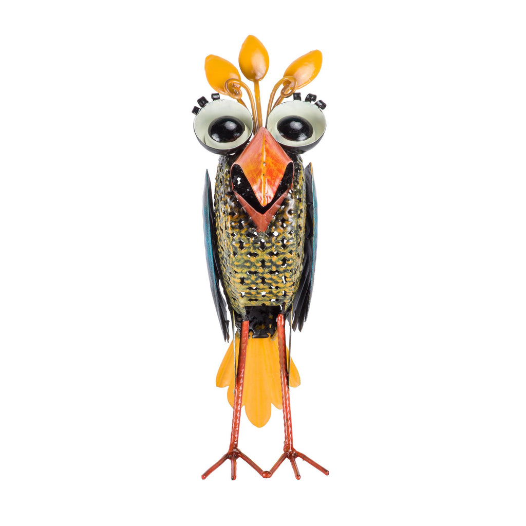 12" Tall Outdoor Metal Wide-Eyed Bird Standing Yard Statue Decoration, Multicolor