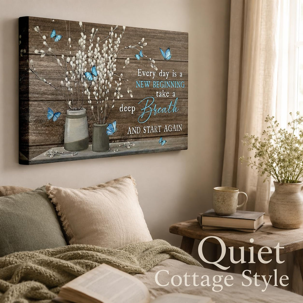 Farmhouse Bathroom Canvas Wall Art Vintage Rustic Country Flower Blue Butterfly Painting Picture Wall Decor Every day