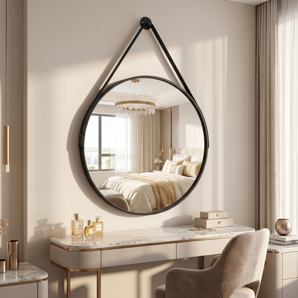 16" Black Round Mirror, Circle Wall Mirror with Leather Strap