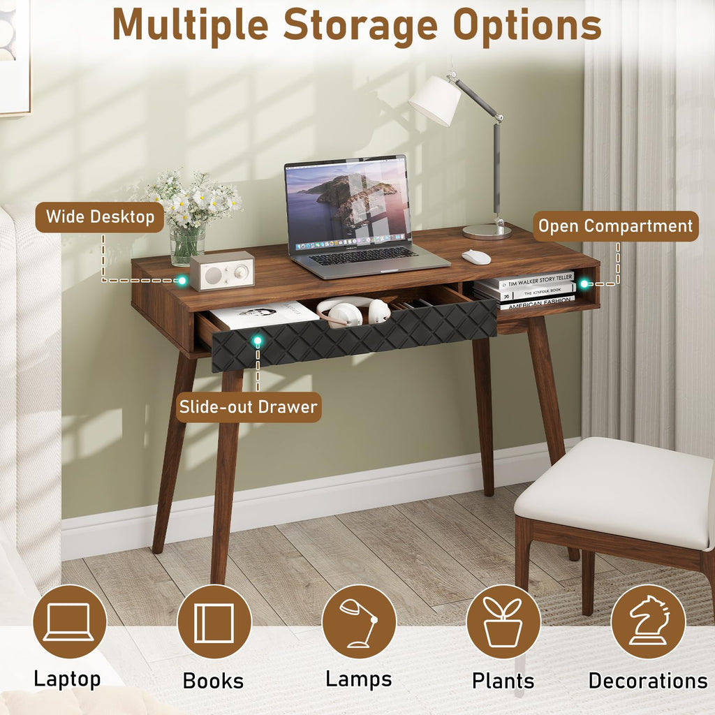 Mid Century Modern Desk, Home Office Standing Desk w/Drawer & Open Compartment, Small Computer Desk Work Study Table