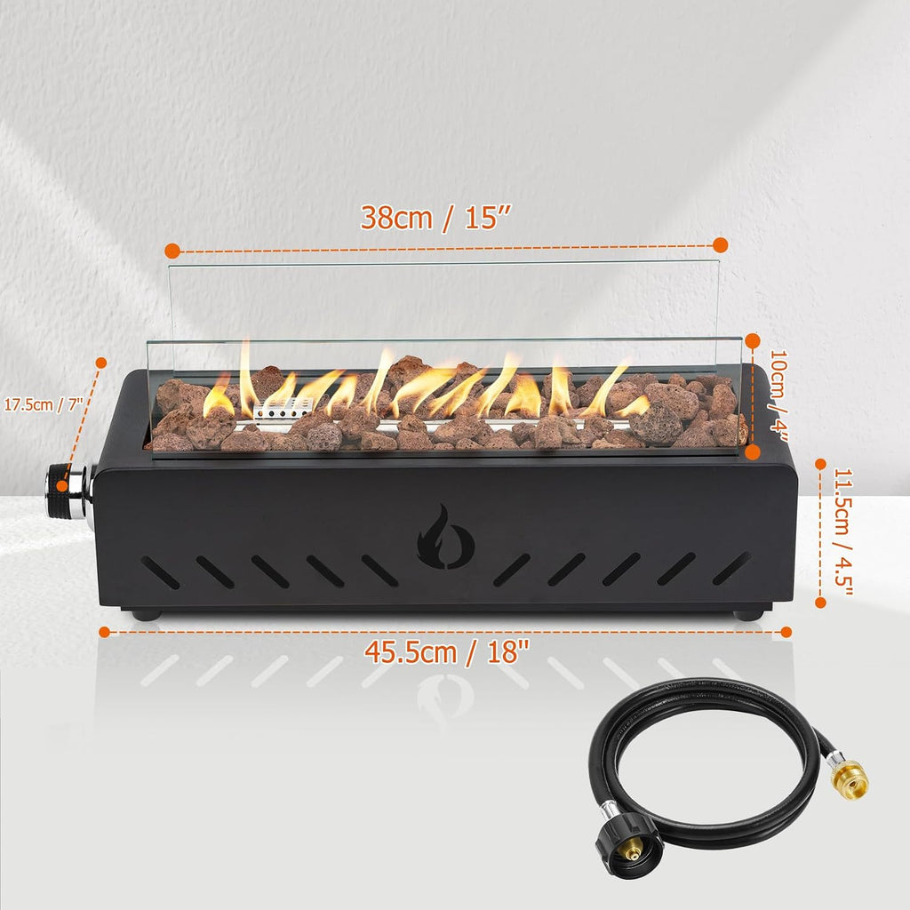 18 Inch Table Top Propane Fire Pit, Rectangular Tabletop Firepit with Lava Rocks, Glass Shield & 6.8 ft Hose