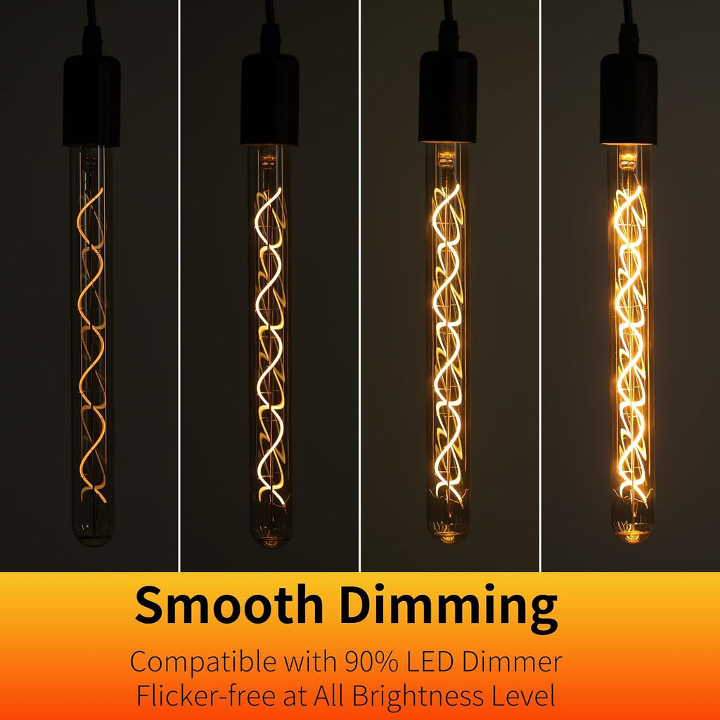 E26 T10 12 Inch Long Tubular LED Edison Bulbs, 6W(60W Eqv) 120V, 2200K Ultra Warm Candlelight, Dimmable, Spiral