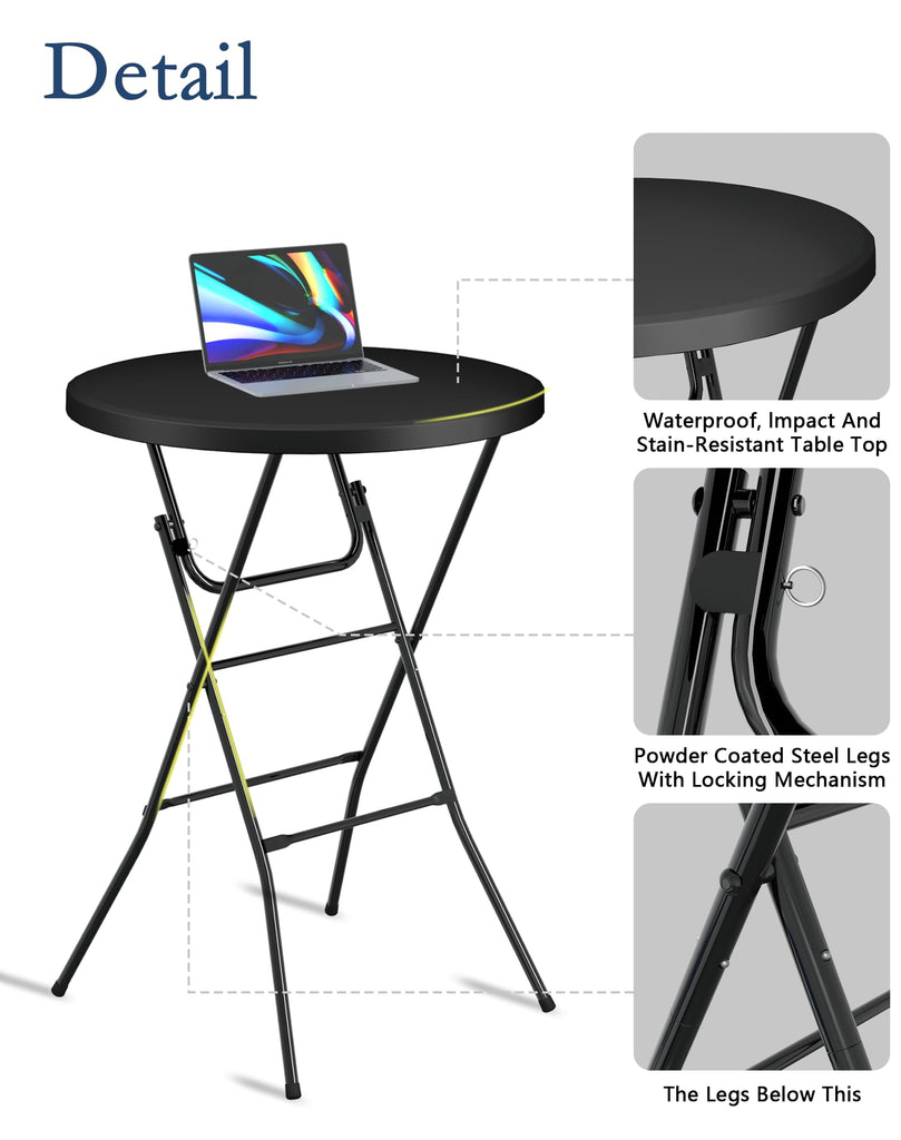 32" Round Folding Table, Plastic Bar Height Tables for Parties, Black