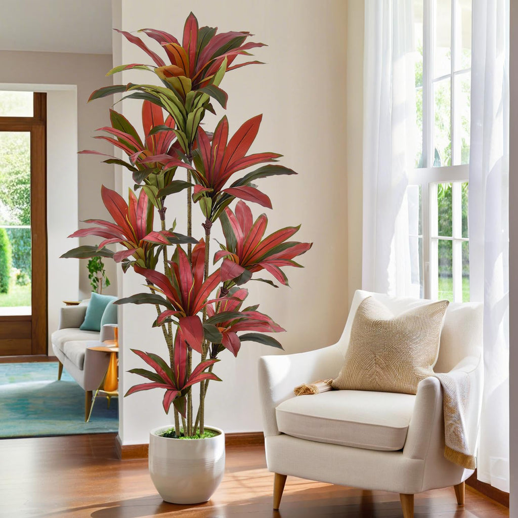 Artificial Dracaena Tree 7ft(84in) Tall Large Faux Silk Plants with Realistic Trunks and Red Leaves, Fake Floor