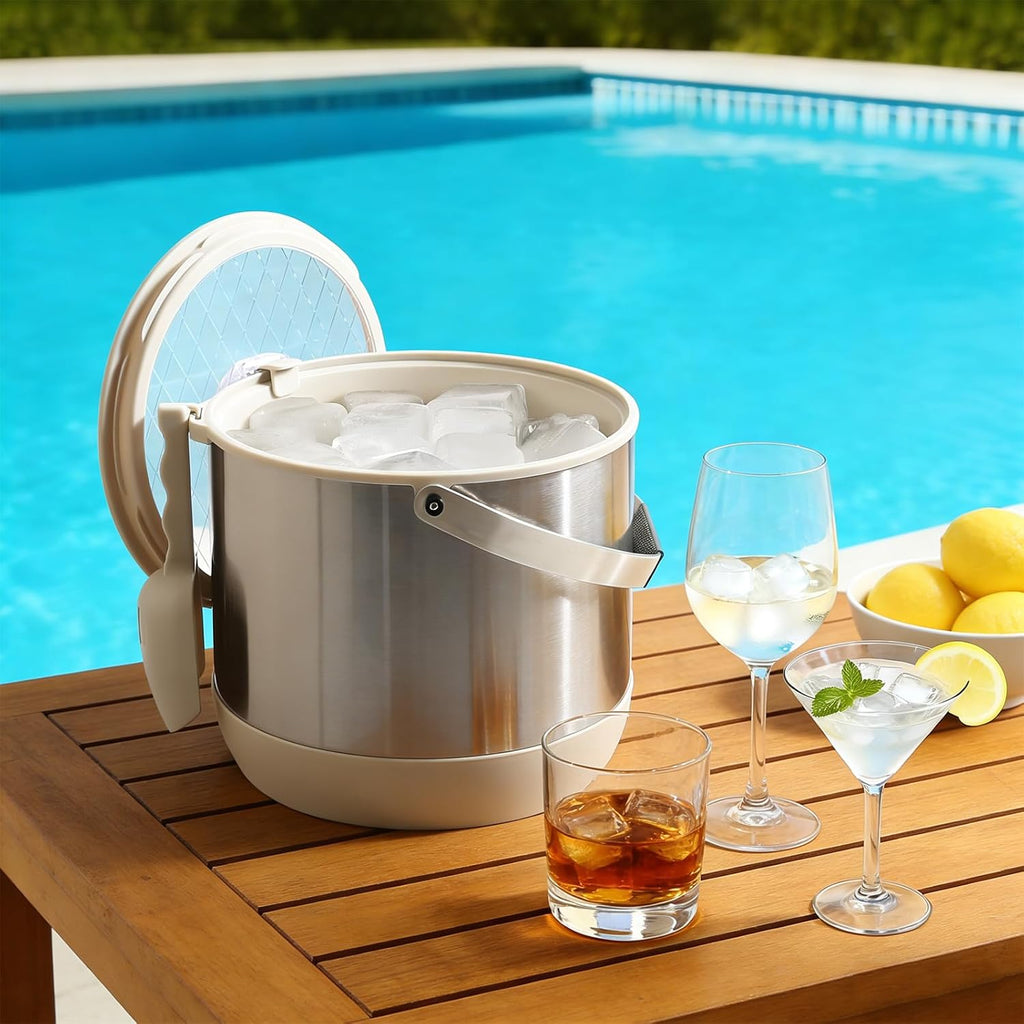5QT/4.8L Insulated Ice Bucket for Parties, Hangable Scoop & Lid, White