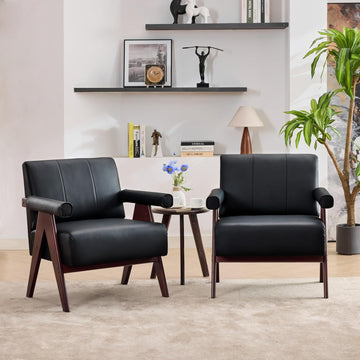 Faux Leather Accent Chairs, Wooden Arm Chairs (Black) - Set of 2