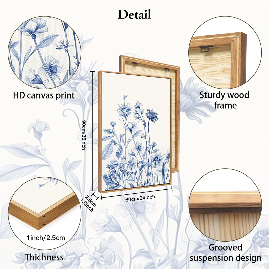 Vintage Blue Bird Flower Framed Canvas Wall Art, Large Chinoiserie Floral Wall Decor, Blue White Botanical Artwork Set