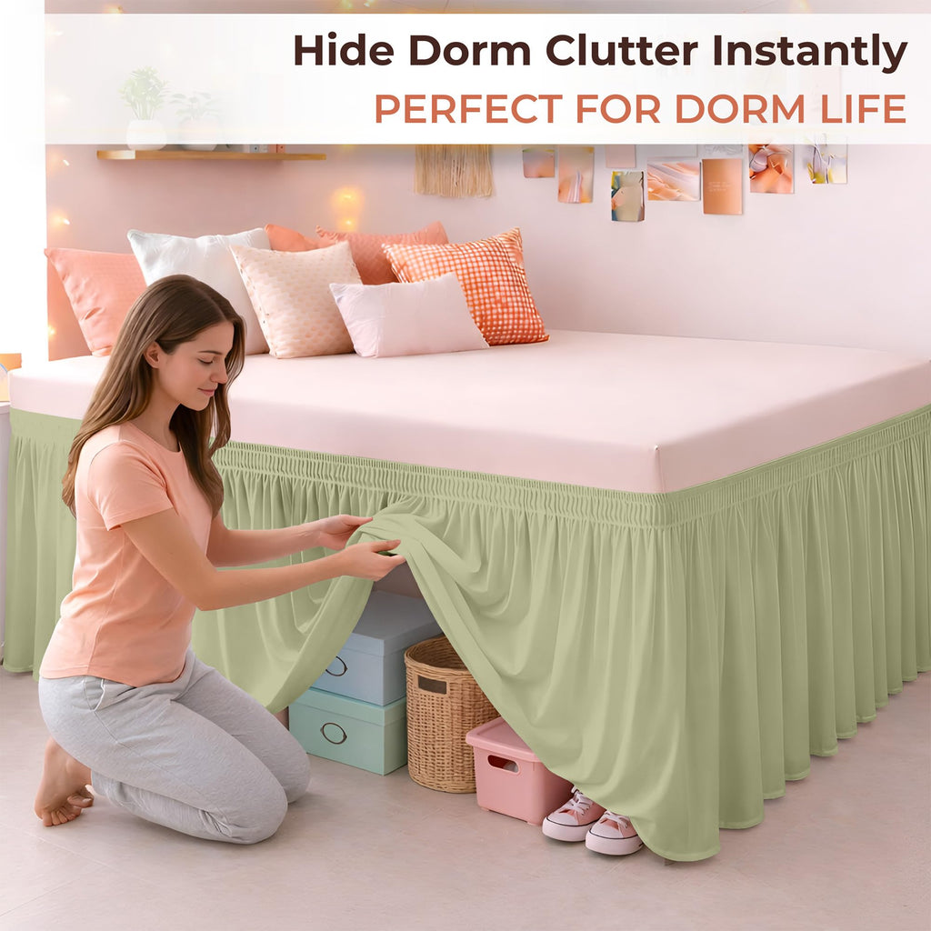 Dorm Bed Skirt Full XL 34 Inch Drop -No Lift Easy Install Wrap Around, Extra Long Elastic Dust Ruffle, Wrinkle & Fade
