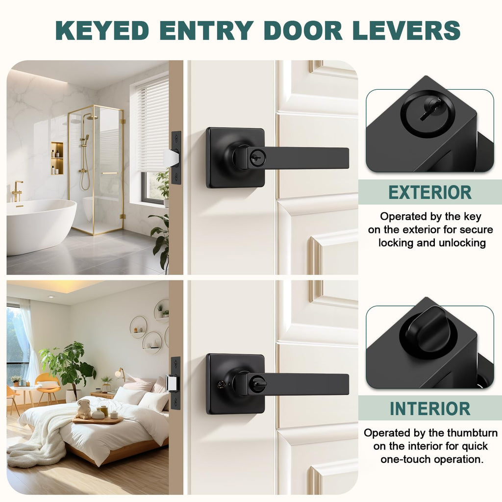 Keyed Alike Entry Door Handles with Lock and Keys, Matte Black Entry Door Lock Sets for Exterior & Interior Doors