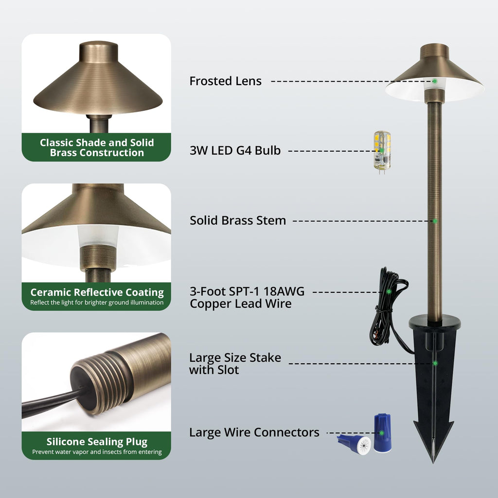 Solid Brass Pathway Lights, Low Voltage LED Landscape Path Light, Outdoor Waterproof Accent Lighting, 12V AC/DC