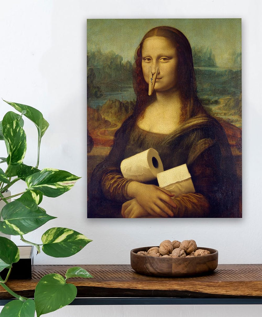 Mona Lisa Parody 16x20 Canvas Poster: Funny Art Print Featuring the Iconic Mona Lisa with a Clothespin on Her Nose