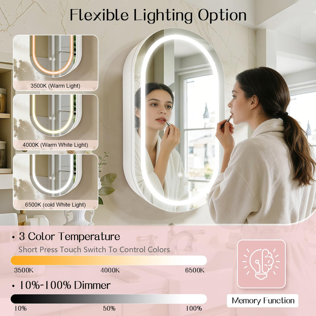 Oval Medicine Cabinet with Light, LED Medicine Cabinet, USB Shaver Socket, Internal Light, Steel with Powder Coating, Soft