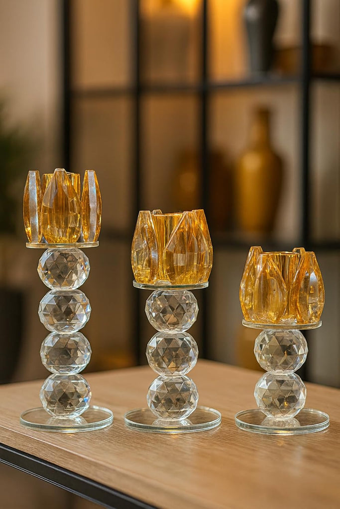 Crystal Candle Holder Set 3 Piece Gold Amber Glass 6.3 x 5.5 in - Gold