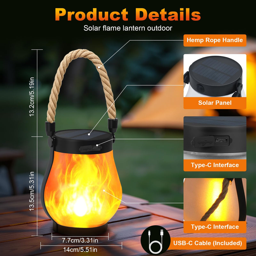 Solar Lanterns Outdoor, Ultra-Realistic Flickering Flame, USB & Solar Charging, 2 Lighting Modes, Waterproof Hanging